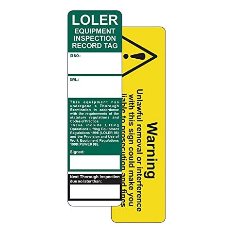 LOLER (Lifting Operations and Lifting Equipment Regulations) Safety Tag Insert, 50x181mm, Pack of 10 Cover