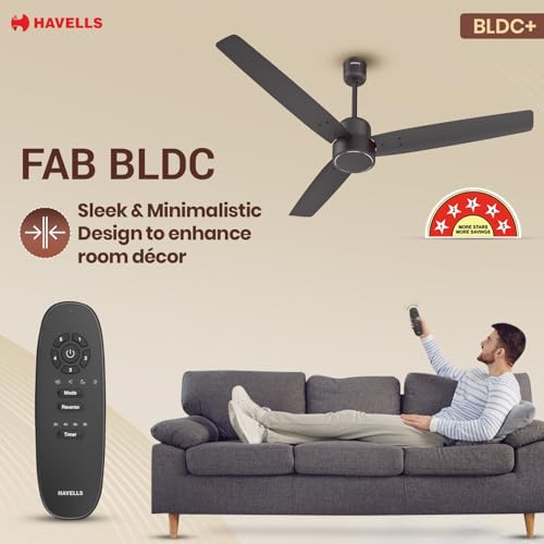 Image of Havells FAB BLDC Ceiling Fan 1200mm, 380 RPM, Savings upto 65%, Reverse Rotation, 4 Modes (Boost, Sleep, Breeze, Mop), Low Wattage 30W, Low Noise, Air Flow:225 CMM, 3 Year Warranty, Smoke Brown