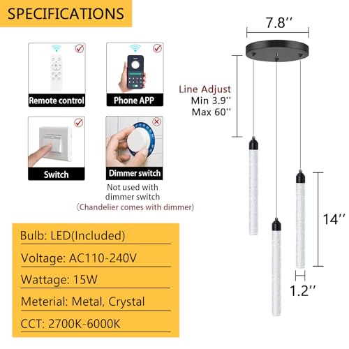 Image of 3 Light Black Pendant Lighting Mini Chandelier for Kitchen Island Modern Crystal LED Pendant Light Adjustable Dimmable Pendant Light Fixture for Dinning Room Bedroom Ceiling Hanging Lights 2700K 6000K