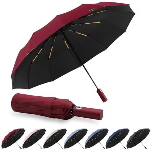 FESDMOH Parapluie Pliant, Grand Parapluie, Parapluie Automatique, Coupe-vent, Stable, pour les Voyages et le Quotidien (Bordeaux)