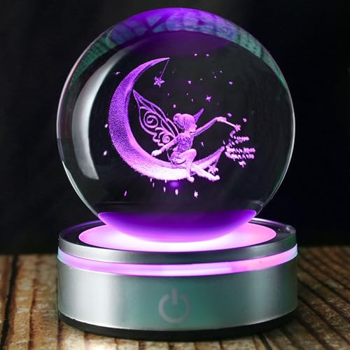 Goutangen 3D Crystal Ball Moon Decor Light Fairy Gifts for Women Girls Fairy Lovers, Laser Engraved Glass Sphere Fairy Figurine for Adults on Birthday Christmas - 80mm