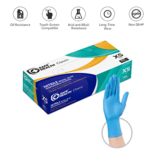Safe Health Nitrile Disposable Gloves, Latex Free, Powder Free, Blue, Case of 1000, XS, Textured, 3.5 mil, Industrial, Food, Janitorial, Tattoo, Law Enforcement, Pet Care, Servoce, Cleaning