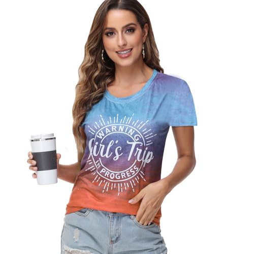 Image of Women's Casual Warning Girls Trip in Progress T-Shirt Casual Crewneck Short Sleeve Graphic Tee
