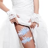 TIESOME 2 Pieces Wedding Garters for Bride, Blue Lace Garter Set with Faux Pearls Adjustable Thigh Garter for Wedding Prom Anniversary Date