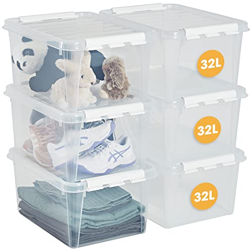 SmartStore 32L Clear Plastic Storage Boxes with Lids - Set of 6 - Transparent - Stackable and Nestable - 10 Year Guarantee- Food Safe and BPA Free - White Clip Locked - L50 x W39 x H26 cm, (3510141RP)