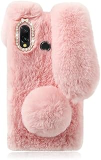 Mikikit Pink Bunny Fluffy Case for Samsung Galaxy A40, Cute Rabbit Fur Plush Stuffed Animal Phone Cover for Girl Kids Gift, Soft Clear Case Shockproof Furry Plush Cover for Samsung Galaxy A40