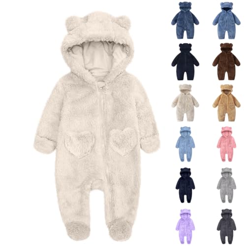 AIMAOMI Baby Fleece Jumpsuits Soft Hooded Bear Ear Onesie Beige 0-3 Months - image 1