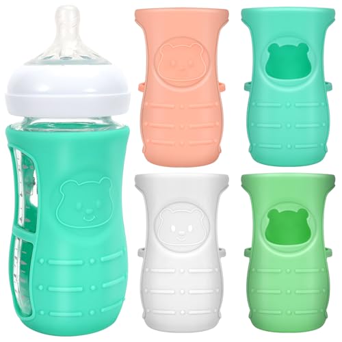 Image of 4 Pack Silicone Baby Bottle Sleeves Compatible with Philips Avent Glass Natural Baby Bottle 8 oz, Anti Breakage Babies Bottle Holder,BPA Free Silicone Bottle Cover with Bear Design(Only Bottle Sleeve)