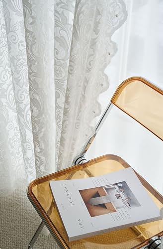 Rideau semi transparent Daesar 96x138cm blanc à oeillets dentelle fleurs avec perles x2 - 8