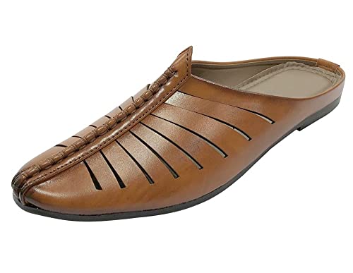 Punjabi Jutti for Men's Tan Traditional Handmade Loafers Mules Shoes Indian Sherwani Ethnic Mojari Backopen Juti