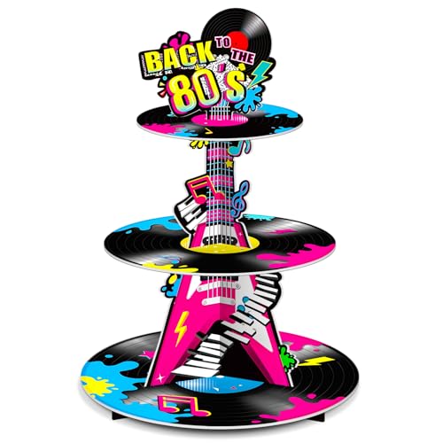 Ben Louis 3 Tier 80s Cupcake Stand Party Decorations Back to The 80's Theme Holder Retro 1980s Hip Hop Dessert Tower Birthday Cake for Neon Rock Hippie Supplies