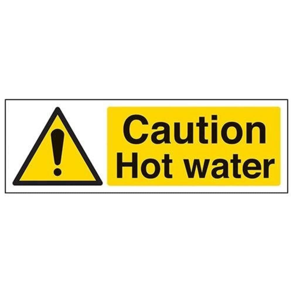 V Safety Caution Hot Water Warning Sign - 300mm x 100mm - 1mm Rigid Plastic