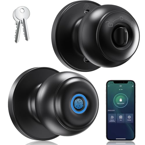 GeekTale Fingerprint Door Lock for Bedrooms, Fingerprint Door Knob with Lock, Smart Door Lock, App Control, Back-up Keys, Thumbprint Door Knob for Bedrooms, Office, Apartment Black