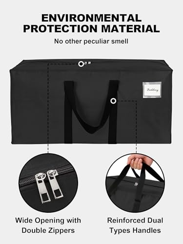 Image of 80 Pack Large Strong Moving Bags with Zippers & Carrying Handles - Water-Resistant - Heavy Duty Storage Tote for Space Saving, Fold Flat, Alternative to Moving Box (Black)