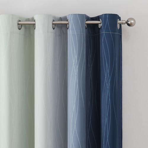 Estelar Textiler Navy Blue and Sage Green Blackout Curtains 54 Inch Length, Full Light Blocking Gradient Grommet Drapes for Kitchen, Thermal Insulated Ombre Curtains for Bedroom, 52Wx54L, 2 Panels