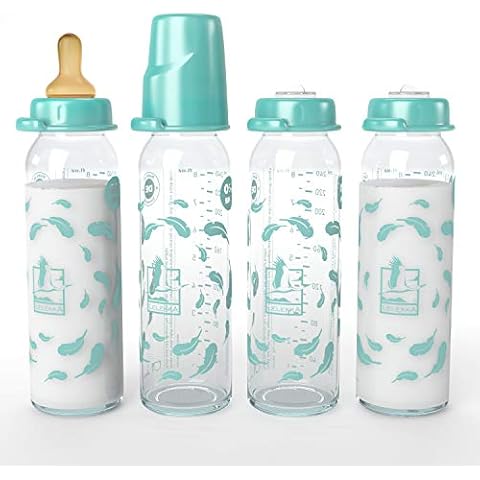 Lelekka® Standard Glass Bottle with Round Teat Made of Latex Size M Milk from Birth 240 ml Natural Latex Pack of 4 Cover