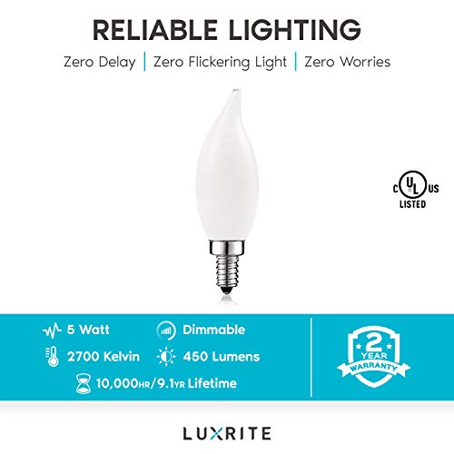 Luxrite 5W Frosted E12 Led Bulb 60W Equivalent, 2700K Warm White, 450 Lumens, Dimmable Candelabra Led Bulbs, Flame Tip Glass, Led Candle Light Bulbs, Ul Listed (6 Pack) #TOP7