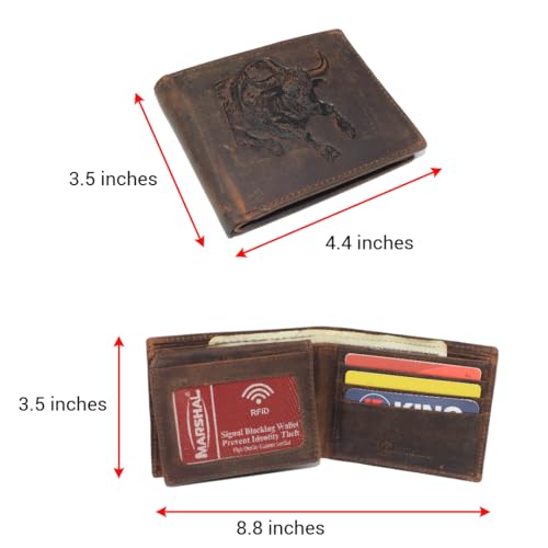 MARSHAL Bifold Western Cowboy Style Men's Vintage Leather Rodeo RFID Blocking Wallet – Bull Engraved Design (Brown)4