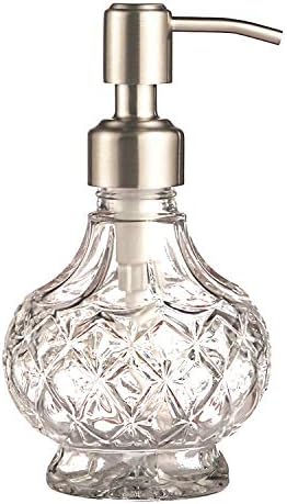 YunNasi 7.4 Oz Glass Soap Dispenser with Stainless Steel Pump, Clear Crystal Design, Vintage and Elegant, for Dish Detergent, Shampoo Lotion, Bathroom Countertop, Kitchen, Laundry Room (Style 1)