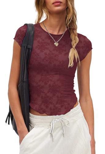 ReachMe Short Sleeve Mesh Top Women Sheer Lace Tops Cap Sleeve See Through Tops Summer Sexy Fitted Slim Fit Shirts2