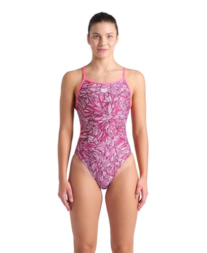 ARENA Performance Women's Breast Cancer Awareness Collection Pink Dahlia Swimsuit Lace Back Thin Straps One Piece Training Suit Ladies Pool Bathing Suit, Shocking Pink/Multi, US Size 34