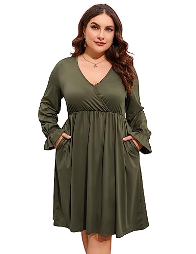 Image of ShopWonder Plus Size Dress Women's V Neck A-Line Knee Length Wrap Swing Dresses Plus Size A Line Party Mini Dress