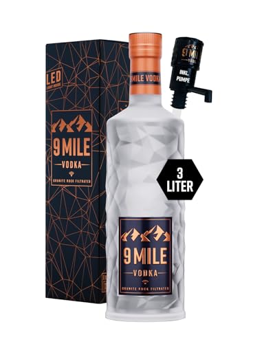 9 MILE Vodka 3l inkl. Flaschenpumpe & Geschenkverpackung – 37,5% Vol. Premium Vodka mit LED-Beleuchtung, Granite Rock Filtration & mildem Geschmack – ideal für Longdrinks oder den puren Genuss