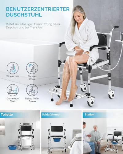 Hybodies 【Vergrößerter Roll-Duschstuhl】4-in-1 bariatrischer Toilettenstuhl für ältere Menschen, nach Operationen, verstellbarer Duschrollstuhl mit Sicherheitsverriegelungsrädern und