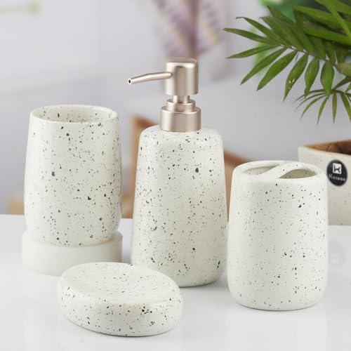 Image of Kookee Ceramic Bathroom Accessories Set 4 Piece - Soap Dispenser, Toothbrush Holder, Tumbler & Soap Dish | Modern Countertop Decor for Home & Guest Bathroom, White (10383)