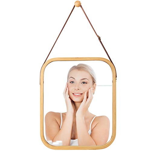 LANGRIA Espejo de Pared Colgante Decoración de Sala de Maquillaje Rectangular montada en la Pared, Marco de bambú sólido y Correa Ajustable de Piel sintética, guardarropa de baño (Color Madera)