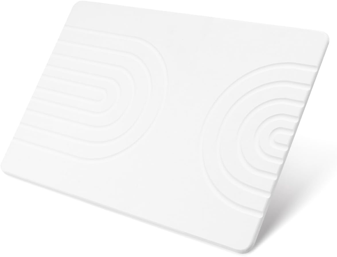 Stone Bath Mat 24"x16" - Diatomaceous Earth Shower Mat, Quick Dry, Anti-Slip, Eco-Friendly, Easy Clean, Modern Design with Bonus Non-Slip Pad - Perfect for Home Safety and Style, White White-wave