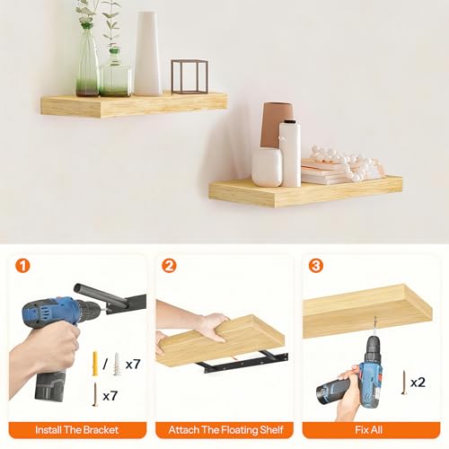 Image of HOOBRO Floating Shelves for Wall, Wall Mounted Shelf Set of 2, 15.7 inch Hanging Shelf with Invisible Brackets, for Wall Decor Storage in Bathroom Bedroom Kitchen Living Room Office, Natural NL40BJ01