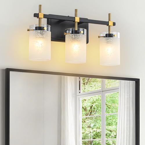 Image of 3-Light Modern Bathroom Vanity Light,Black and Gold Light Fixtures for Bathroom,Modern Wall Light Over Mirror with White Linen Frosted Glass E26 Socket (Bulbs Not Included)