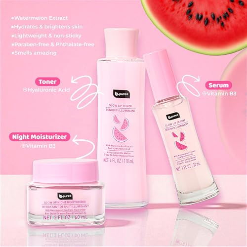 b.pure Glow Up Renewing Skin Care Gift Set - 1 Toner, 2 Renewing Serums, 1 Moisturizer - Hyaluronic Acid, Niacinamide, and Watermelon Extract Kit 2oz