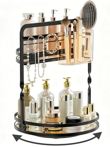 DUANFEE 360 Rotating Makeup Organizer, 2-Tier Black Perfume Organizer for Dresser, Bathroom Counter Organizer, Lazy Susan Vanity Tray Spinning Skincare Storage with Jewelry Hooks & Makeup Brush Holder