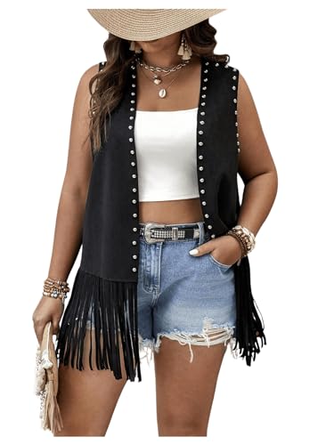 Verdusa Women's Plus Size Fringe Vest Faux Suede Rivets Sleeveless Tassel Jacket Western Cowgirl Outfits3