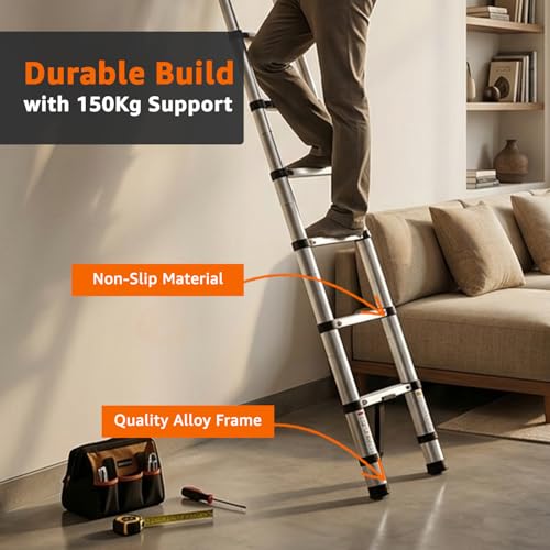 Image of Amazon Basics 5.1 m (16.73 ft) Foldable Telescopic Ladder | Aluminum 13-Step Portable Ladder | Space-Saving for Home Maintenance & Outdoor Tasks