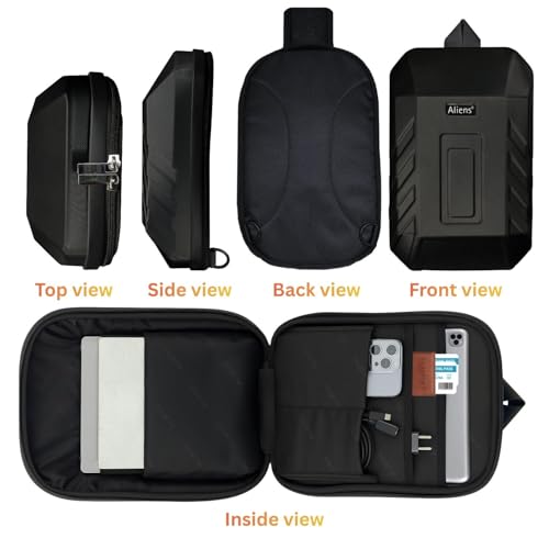Image of Tukzer ABS Hard Shell Sling Bag Aliens Series 180Open Crossbody Side Shoulder Bag for Mens, Women, Office,Travel,Everyday Mini Backpack for iPad,Tablet,Smartphone,Charger,Headphone,HDD,Camera(02-BLK)