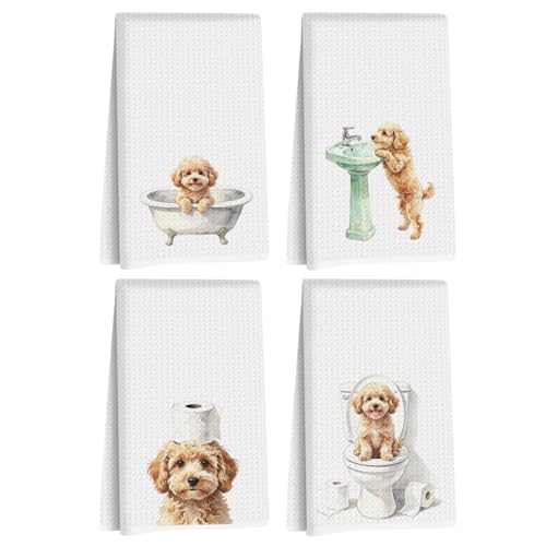 Image of Hanamiya Na 4 Pcs Funny Poodle Bathroom Hand Towels 24x14 Inch, Poodle Gifts Absorbent Microfiber Dish Cloth Towel, Poodles Mom Gifts Waffle Weave Hand Towels for Toilet Home Dog Bathroom Decor