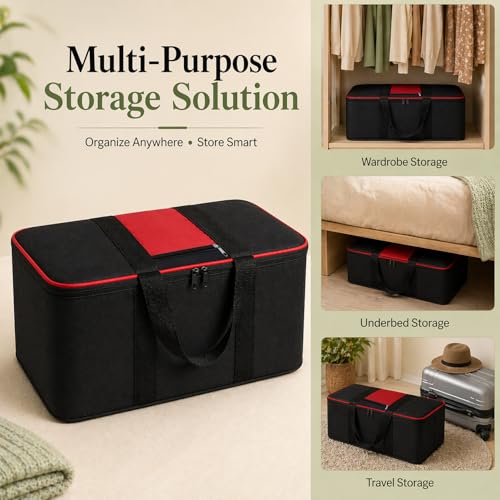 Image of DALUCI Underbed Storage Bags for Clothes Pack of 2 Large Moisture Proof Organizer with Zipper Non Woven Foldable Storage Bag for Blanket Saree Wardrobe 54 x 46 x 28 cm (Black & Red - Large, 2 Pack)
