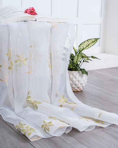 Image of 5 Ft Golden & Green Floral Sheer Tissue Curtain with Embroidery, Grommet Top, 152 L x 121 W cm, For Home, Bedroom, Bathroom