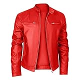 Maiyifu-GJ Men's Faux Leather Jackets Stand Collar Motorcycle Leather Jacket Lightweight Casual Zip-Up Biker Coats (Red-9,Small)