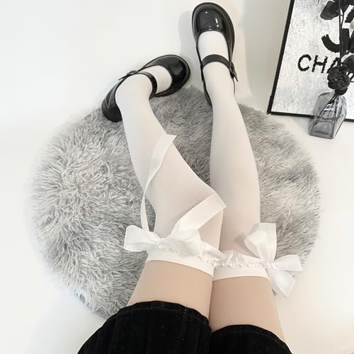 Image of Thigh High Stockings with Bow, Santa Accessory Y2K Fishnet Socks with Lace Brim Lingerie Tights for Women