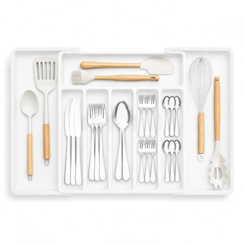 Image of Expandable Cutlery Organizer for Kitchen Drawer | Adjustable Utensil, Spoon, Fork, Spatula, Knife Storage Plastic Divider Tray 8 Compartments | BPA Free - White