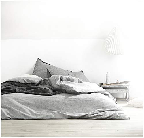 Eikei Washed Cotton Chambray Duvet Cover Solid Color Casual Modern Style Bedding Set Relaxed Soft Feel Natural Wrinkled Look (Grey, Queen)