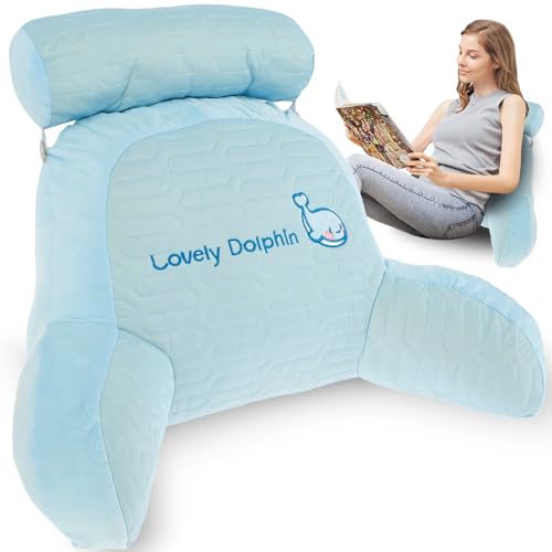 Almohada de lectura de 60 x 45 cm para cama, cojín de lectura para cama, cojín de apoyo suave para la espalda con brazo de apoyo, almohada de respaldo desmontable para leer y relajarse (ballena de