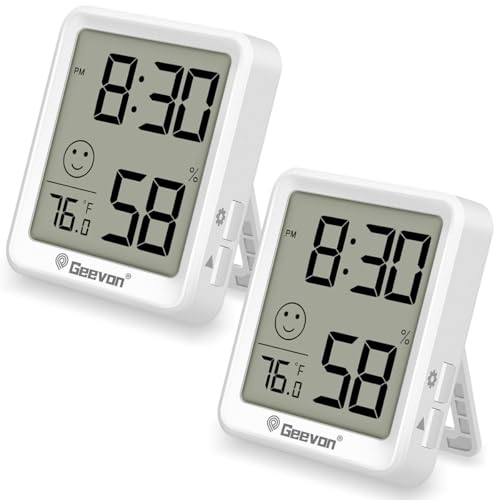 Geevon 2-Pack Mini Digital Hygrometer with Time Display