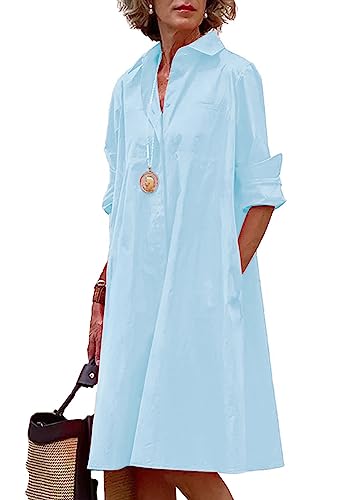 Image of chouyatou Women's Spring Summer Button-Down Shirt Dress Loose A-Line Midi Shift Tunic Dress