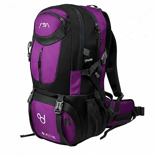 OcioDual Mochila Senderismo 50 Litros, Mochila Trekking, Montaña y Camino de Santiago, Multifuncional, Ligera, Mochilas Hombre para Camping, Acampada, Marcha Nórdica, Supervivencia, Purpura