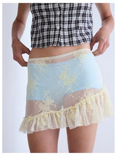 MakeMeChic Women's Beach Cover Up Pleated Mini Skirt Floral Lace Sheer Mid Waisted Summer Boho Y2k Skirts4